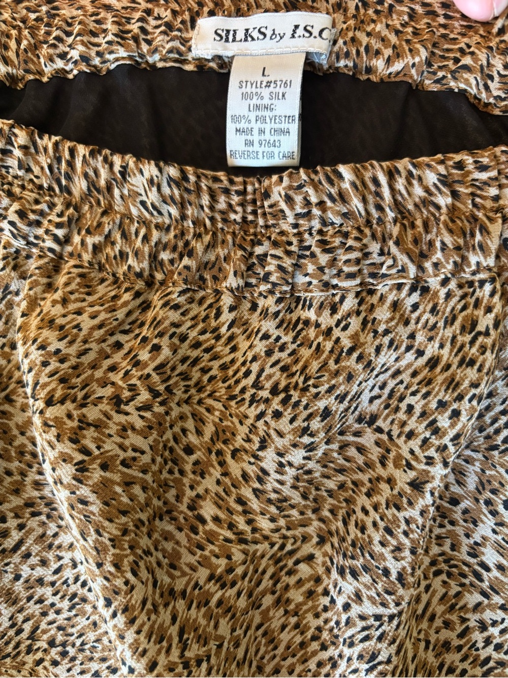 Silks by ISC 100% Silk micro-leopard print maxi ruffle hem Boho Y2K skirt sz L - Picture 4 of 6